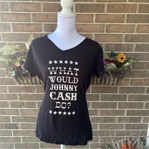 Cowgirl Justice “What Would Johnny Cash Do?” Black Graphic Tee with White Text